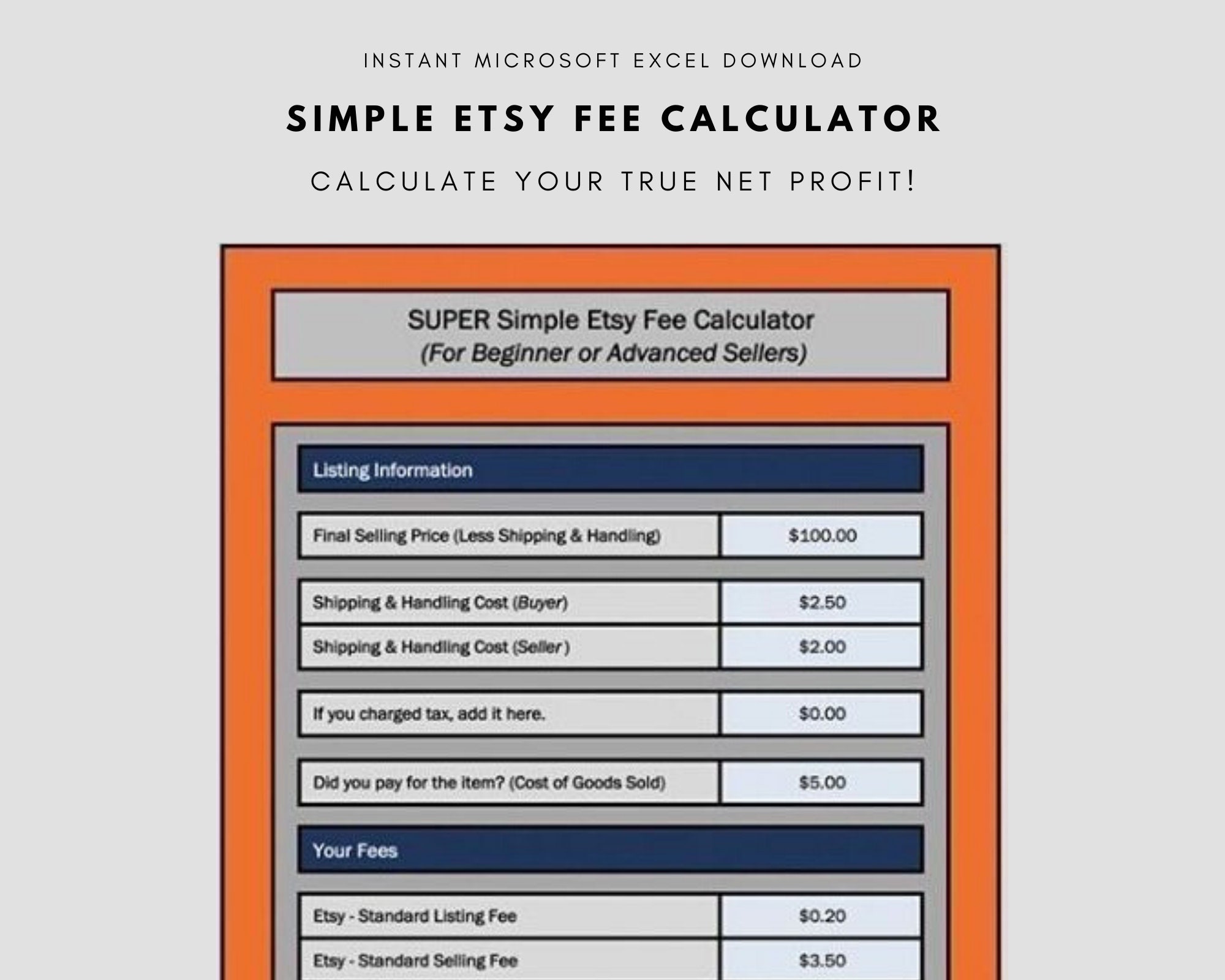 Etsy SUPER Simple Sales Final Fee Calculator Selling Microsoft Excel
