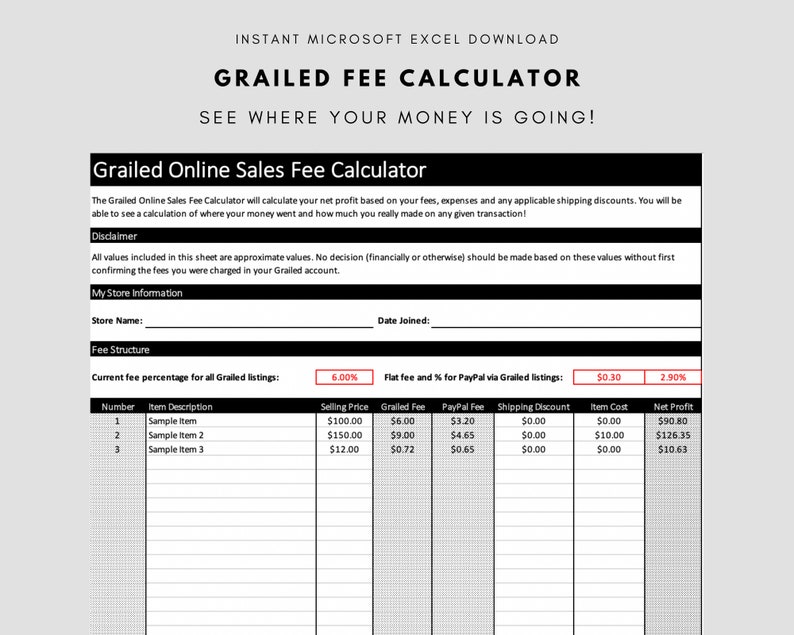 Grailed Fee Calculator Microsoft Excel Format INSTANT DOWNLOAD Etsy