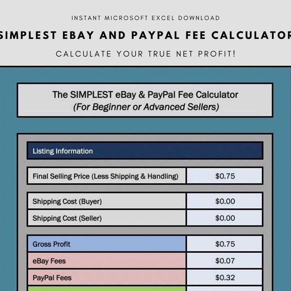 SIMPLEST eBay & PayPal Final Value Fee Calculator Selling Microsoft Excel (INSTANT DOWNLOAD)