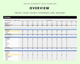 Descripción general anual - Plantilla de software de presupuesto personal Microsoft Excel (descarga instantánea) - El mejor presupuesto