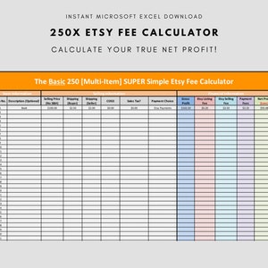 250X Multiple Item Etsy Fee Calculator Microsoft Excel (INSTANT DOWNLOAD)
