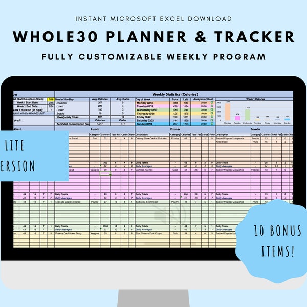 Simple Whole30 Monthly Diet Meal Planner & Tracker [Lite] + 10 FREE Bonus Items (Instant Downloads) - Daily Planner, Daily Menu, and more!