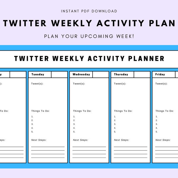 Twitter Weekly Activity Planner - Grow Your Social Media Following! (Instant PDF Download)