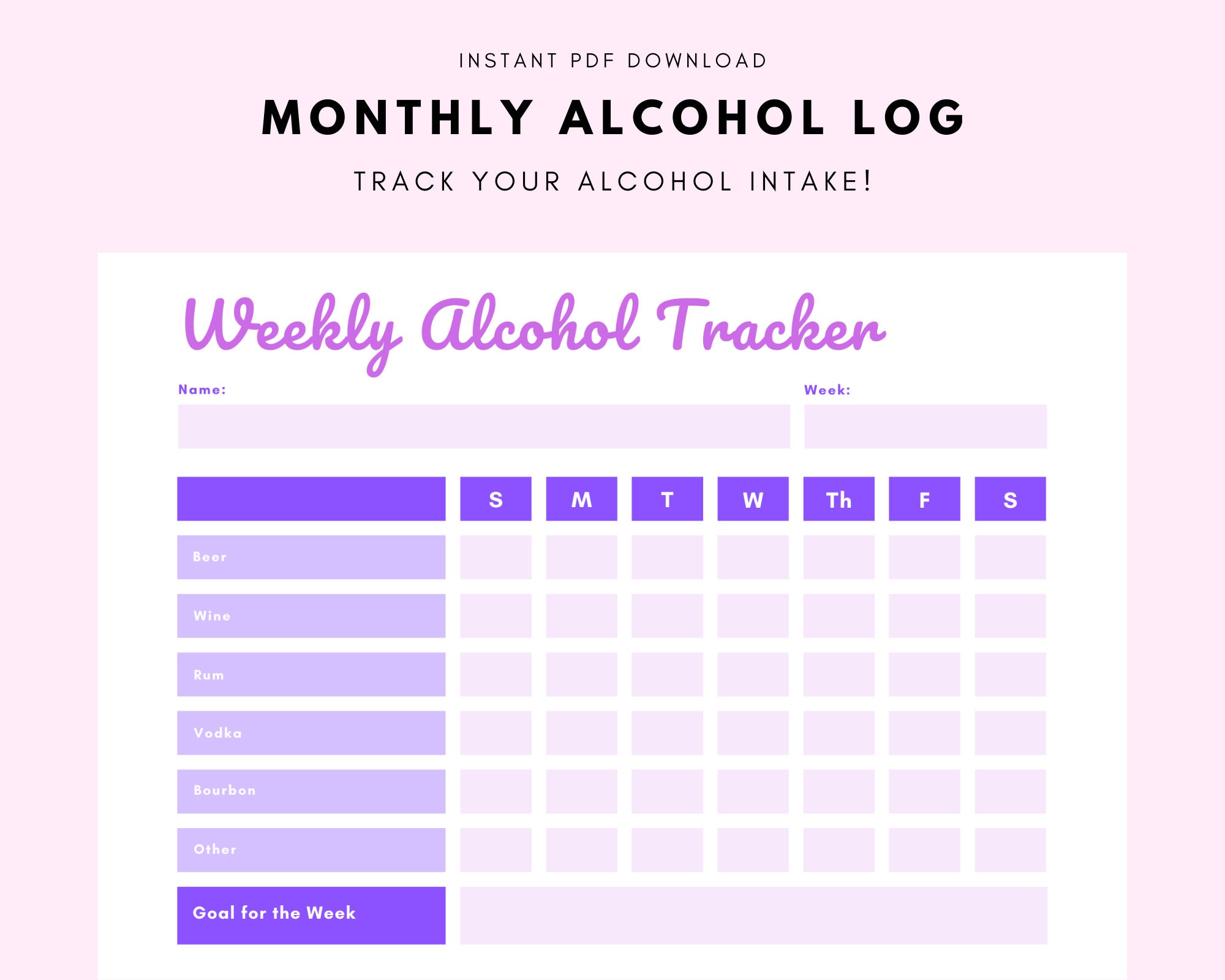 Weekly Alcohol Booze Beer Vodka Tracker and Log INSTANT PDF DOWNLOAD Etsy
