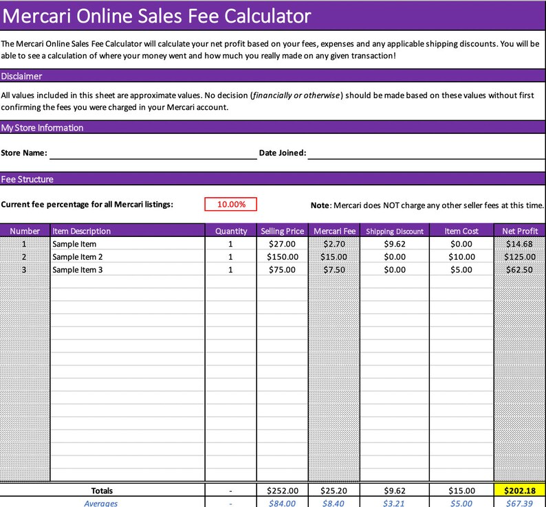 Mercari Fee Calculator Microsoft Excel Format INSTANT DOWNLOAD Etsy