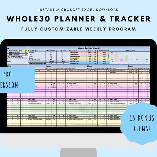 Simple Whole30 Monthly Diet Meal Planner & Tracker [Pro] + 15 FREE Bonus Items (Instant Downloads) - Daily Planner, Daily Menu, and more!