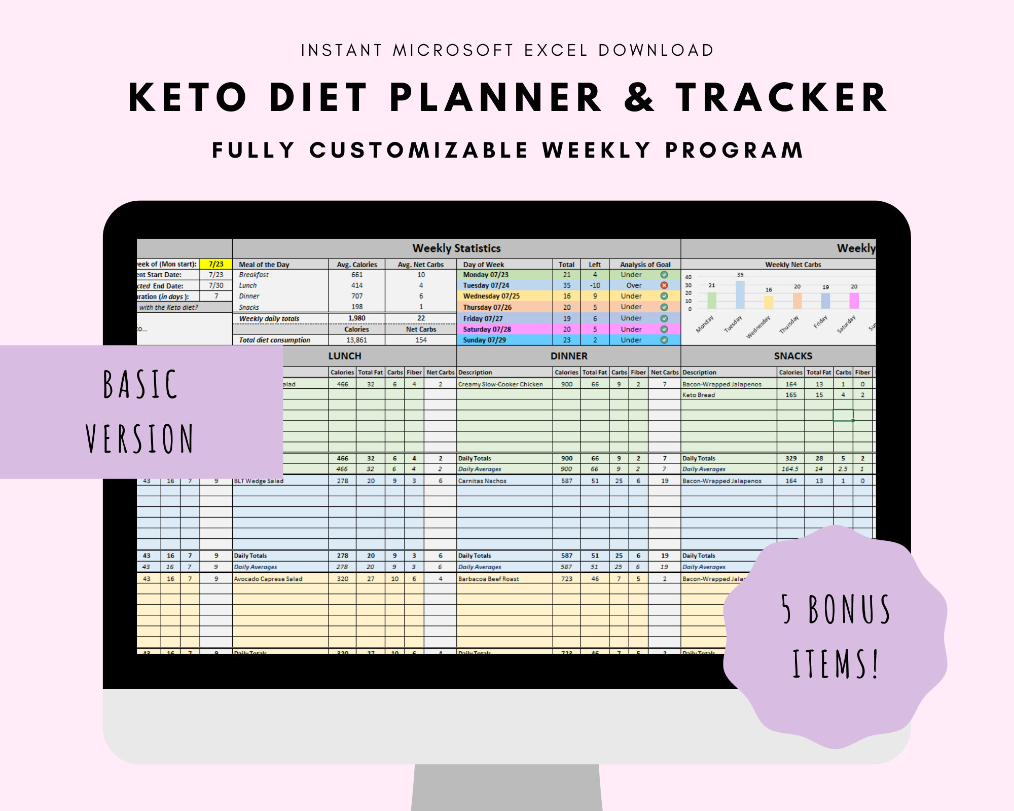 Simple Keto Ketogenic Weekly Diet Meal Planner & Tracker basic 5 FREE
