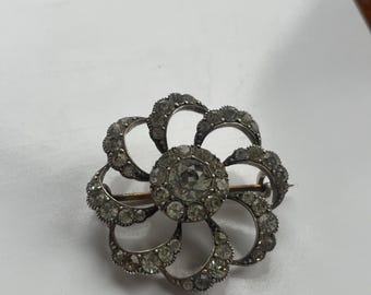 Antique Diamond Paste Solid Silver Brooch Pin Leaf Flower Art