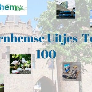 Op de afbeelding: Een collage van afbeeldingen die de 100 beste dingen om te doen in Arnhem, Nederland, laat zien. De collage bevat een kasteel, een flamingo, een bus, een hoog gebouw, een schilder en social media-iconen.