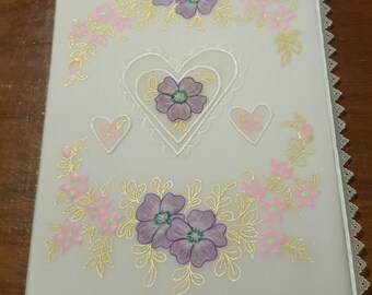 Handmade Pergamano Parchment Love/Wedding Card with Hearts and Purple & Pink Flowers