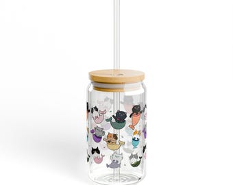 Playful mermaid cat sipper glass cup 16oz with lid and straw