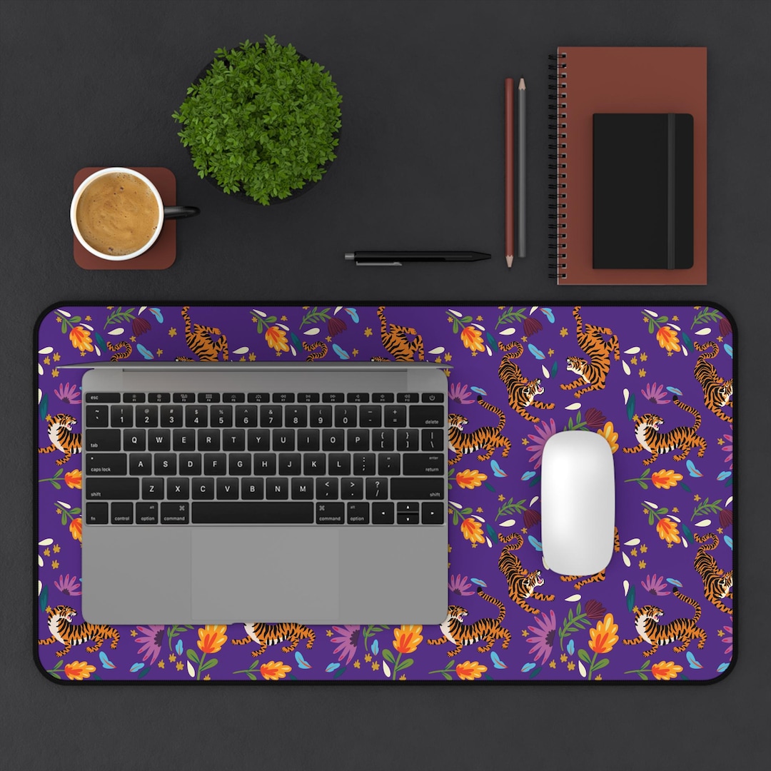 Computer Mat Tiger Tigers and Florals Desk Mat | Purple Patterned Desk Pad - Etsy