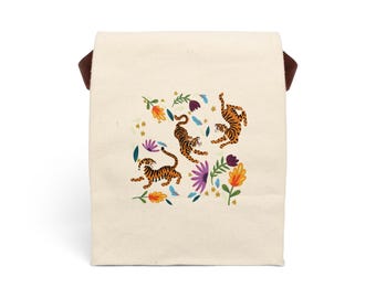 Bolsa de almuerzo de lona de algodón con tigres y flores