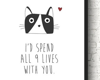 Love Cats Romance Cute Poster, A3, A4, Kitty, Animal, Funny, Love, Gift, Minimalist, Graphic, Print, Pet Lover, Doodle, Wife, Husband