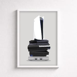 May include: A framed digital illustration featuring a vertical stack of various gaming consoles. A white console sits at the top, followed by several black rectangular consoles stacked beneath it, ending with a light gray console at the base.