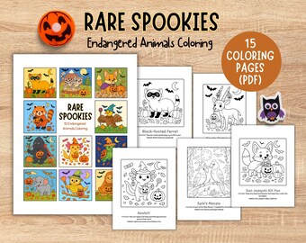 Straszne, rzadkie, dzikie zwierzęta – kolorowanki na Halloween (PDF), 15 gotowych do druku, natychmiastowe pobranie cyfrowe, urocze, przytulne ilustracje z ciekawostkami