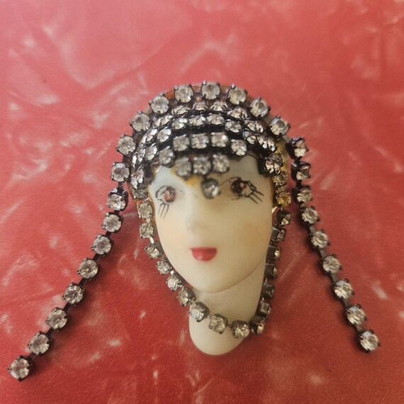 Art Deco Style Flapper Porcelain Face Brooch Pin