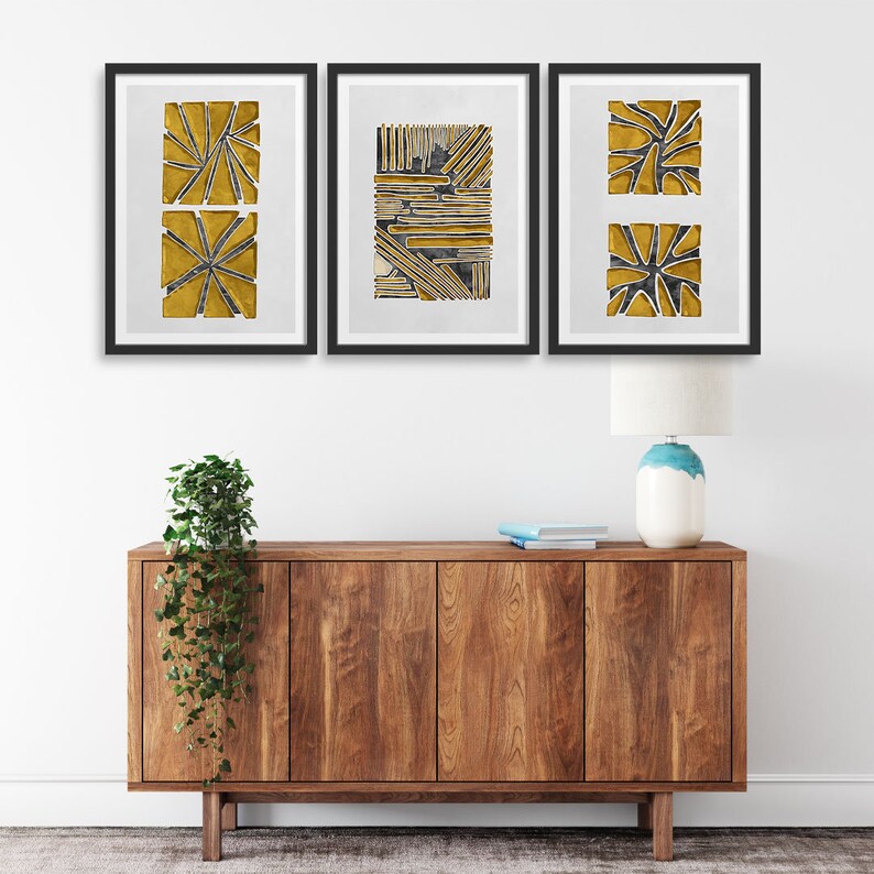 Black and Yellow Decor Art Prints Set of 3 Black /& Yellow Squares Abstract prints