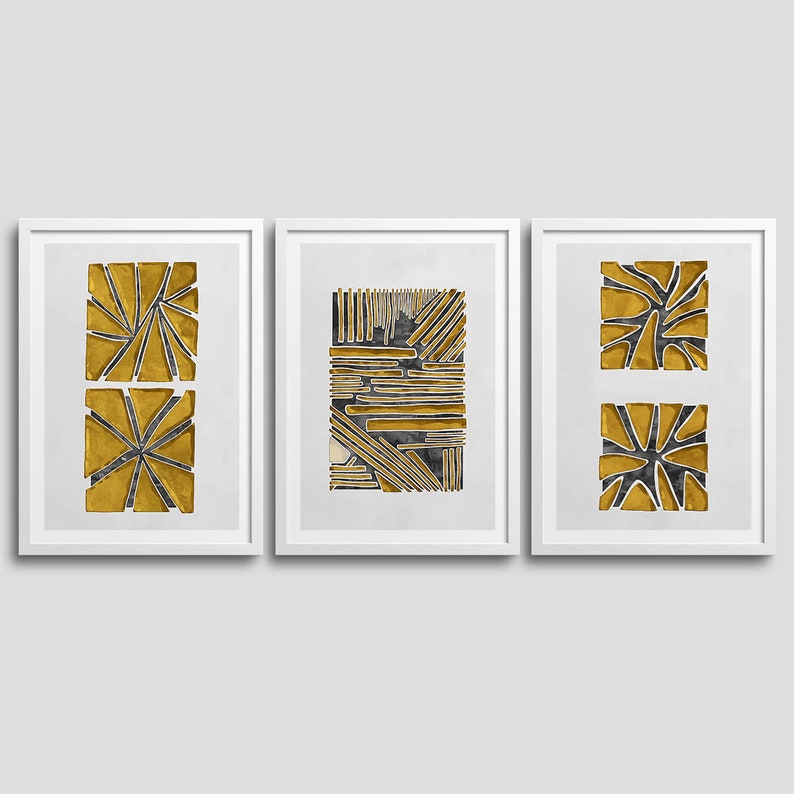 Black and Yellow Decor Art Prints Set of 3 Black /& Yellow Squares Abstract prints