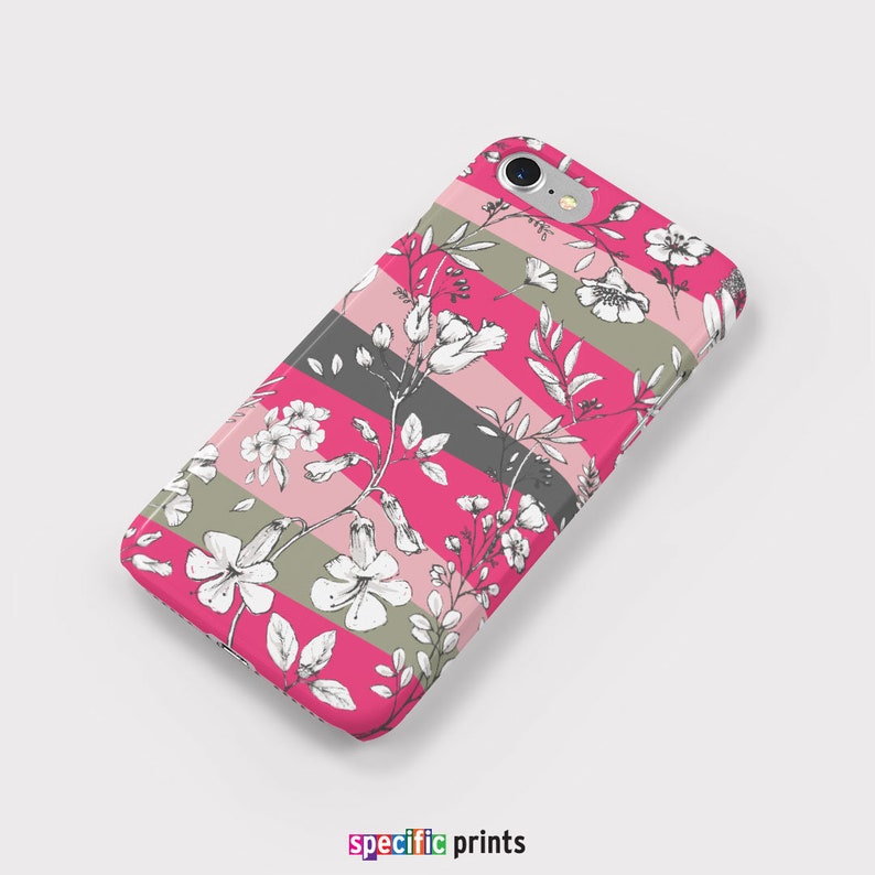 Pink Stripes Floral Illustration Phone Case For iPhone and Samsung Galaxy Botanical Phone Case Flower Phone Case