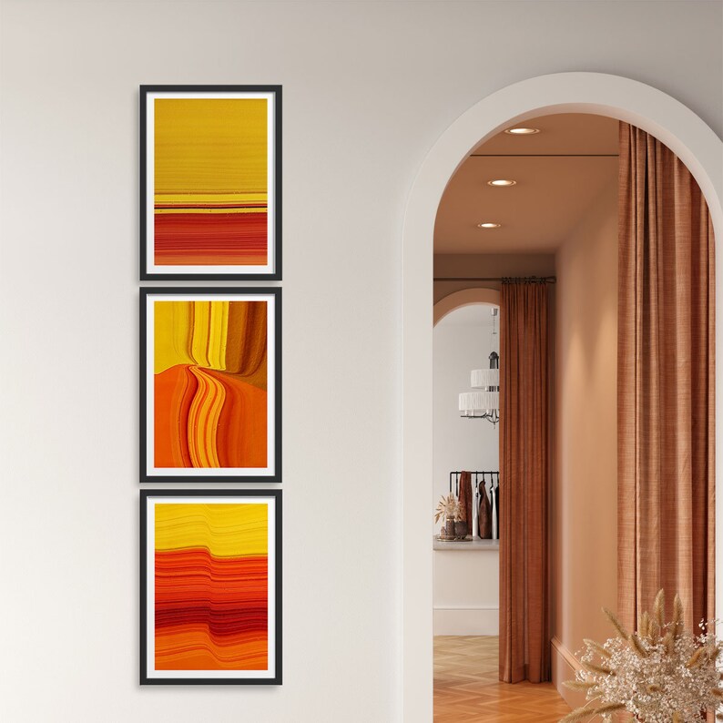 Set of 3 Abstract Orangle Lines Art Yellow and Orange Decor Orange Art Prints