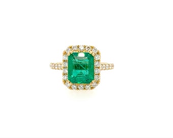 18k Yellow Gold Zambian Emerald Halo Ring, Green Emerald and Diamonds Ring, Emerald Engagement Ring, Diamond Halo Engagement Ring