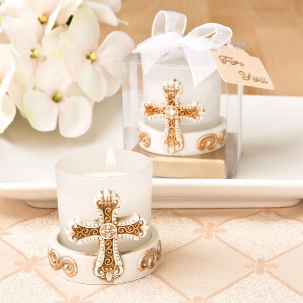 Vintage-Inspired Ornate Cross-Themed Candle Votive Holder ++ Religious Favors ++ Candle Favors ++ Minimum Order Quantity is 10