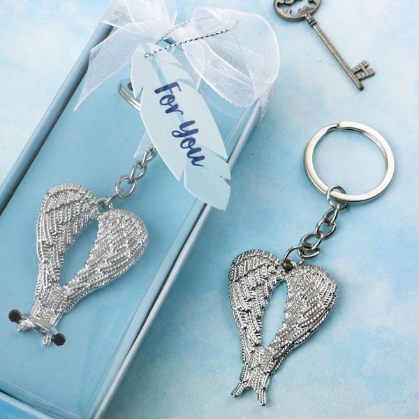 Silver-Metal Guardian Angel Wings Key Chain ++ Religious-Themed Favors ++ Party Favors ++ MINIMUM ORDER QUANTITY is 16 Keychains