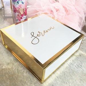 Gold-Foil-Bordered Glossy White Gift Box Personalized with Gold Foil Script Name + Bridesmaid Gifts + Wedding Favors + Minimum 3 Gift-Boxes