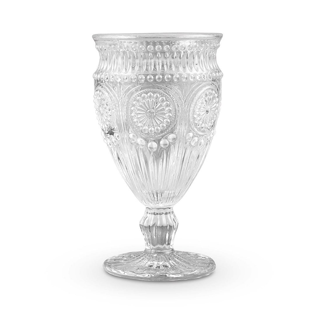 Set of 6 Vintageinspired Clear Pressedglass Goblets With Intricate