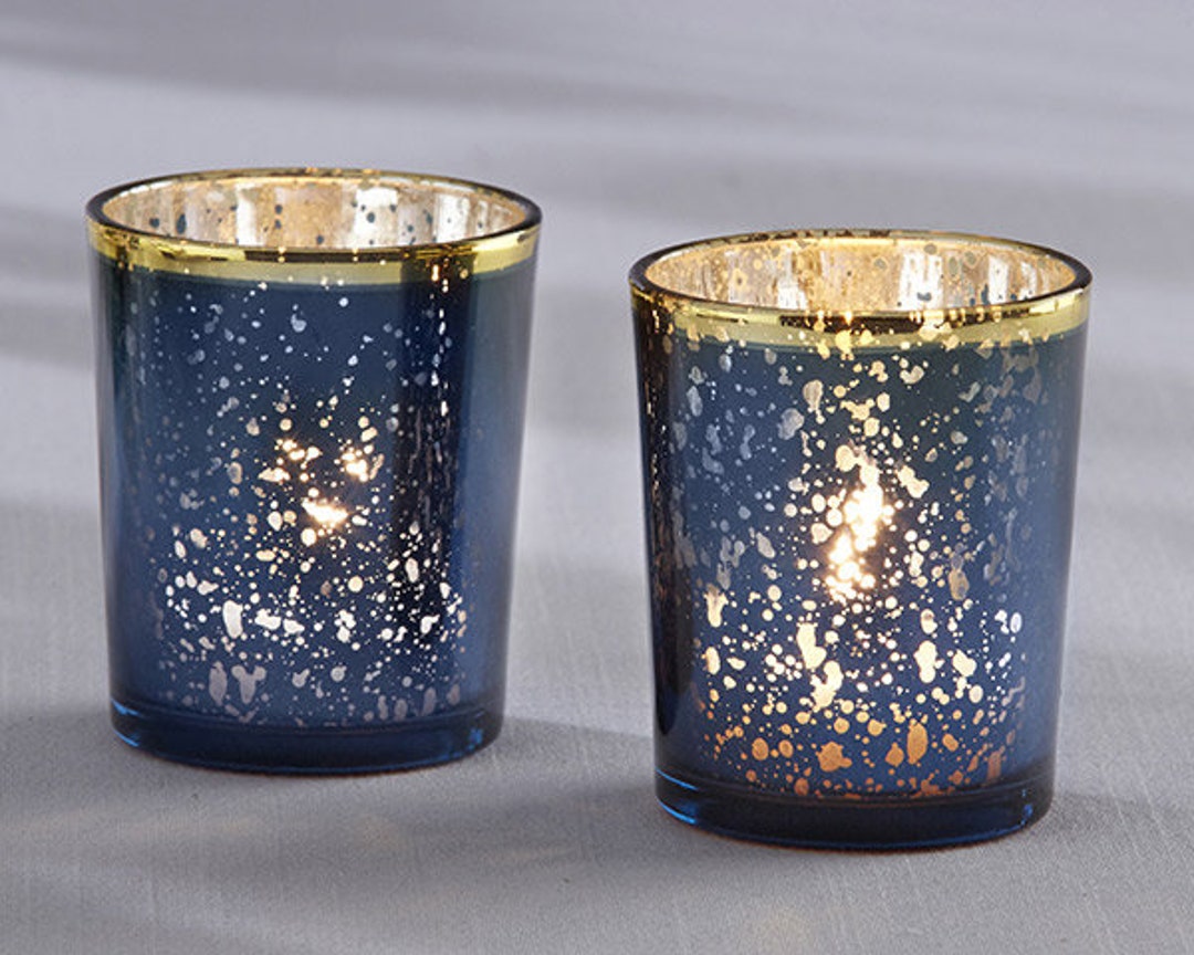 Set of 4 Blue Mercury Glass Goldrimmed Tea Light Holders Etsy