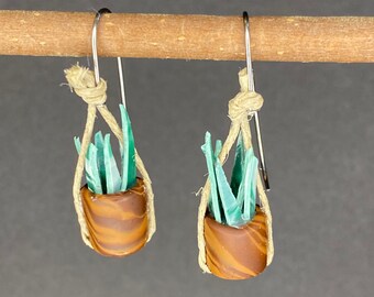Sansevieria houseplant earrings. Mother-in-laws tongue. Snake plant. Variegated pot.