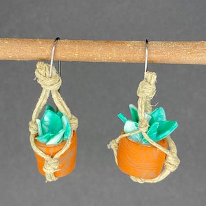 Variegated houseplant earrings in variegated pot. Pothos. Sansevieria. Philodendron