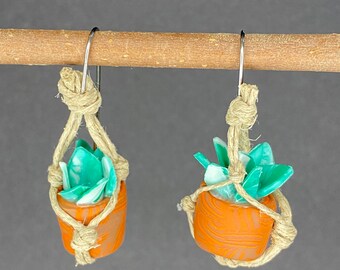 Variegated houseplant earrings in variegated pot. Pothos. Sansevieria. Philodendron