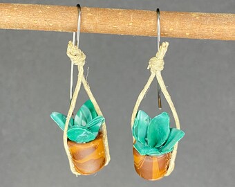 Variegated houseplant earrings in variegated pot. Pothos. Philodendron. Sansevieria. Succulent