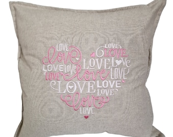 Natural linen cushion c/w inner, zipped, hand made, embroidered with silks, 30 x 50 cms, Love Heart, Valentine's, Pink and white, Gift idea