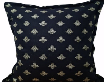 Bespoke hand crafted Designer Gold Bee linen look Cushion 30 x 50, 45 x 45 cms zipped, oxford flap hand made Black