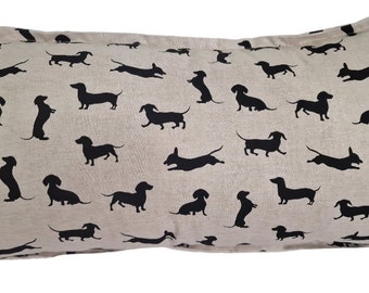 Bespoke Dachshund Sausage dog Cushion 30 x 50, 45 x 45 cms zipped, oxford flap hand made, Natural, Black, Linen, Christmas dachshund