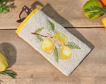 Citrus lemon embroidered beaded Glasses case, Lined, 9.5x19 cms, Birthday, Personal gift,
