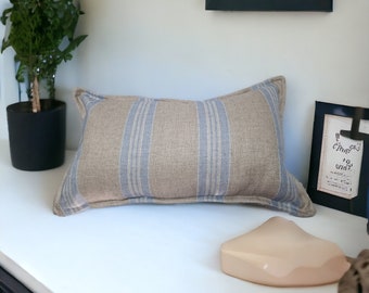 Handmade zipped cushion Poly Linen 30 x 50 cms, Striped, Nautical, Natural/Blue, home decor, holiday home decor, beach hut