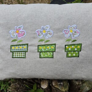 Flower pot Embroidered Applique, Natural linen cushion handmade, zipped 40x50 cms, Ivory Fan trim c/w feather inner pad, Country, Home decor
