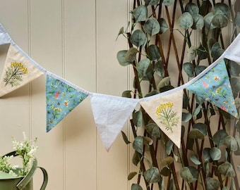 Tissu brodé de fleurs sauvages, 8 drapeaux, longueur 145 cm, carreaux bleu/blanc, suspendu, maison de vacances, campagne, ferme, décoration d'intérieur, cadeau