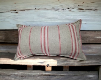 Handmade zipped cushion Poly Linen 30 x 50 cms, Striped, Nautical, Natural/Pink, home decor, holiday home decor, beach hut
