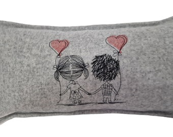 Light grey wool cushion c/w inner, zipped, hand made, embroidered with silks, 30 x 50 cms, Love, Valentine's, Red hearts, Boy, Girl, gift