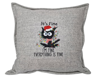 Christmas Black Cat cushion Grey wool c/w inner zipped, hand made, embroidered with silks, 45 x 45 cms, Its fine, I'm fine, tree lights,