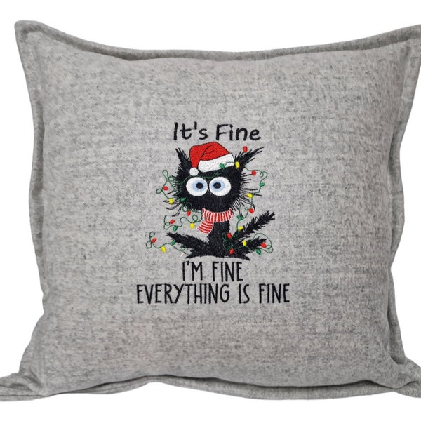 Christmas Black Cat cushion Grey wool c/w inner zipped, hand made, embroidered with silks, 45 x 45 cms, Its fine, I'm fine, tree lights,