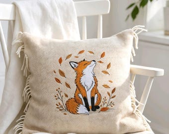 Embroidered Fox Cushion, 100% Wool, Country Home Decor Scatter Pillow 45x45 cms