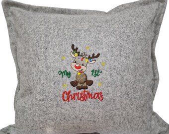 Grey wool My 1st Christmas cushion c/w inner, zipped, hand made, embroidered with silks, 45 x 45 cms,  home decor, nursery, reindeer