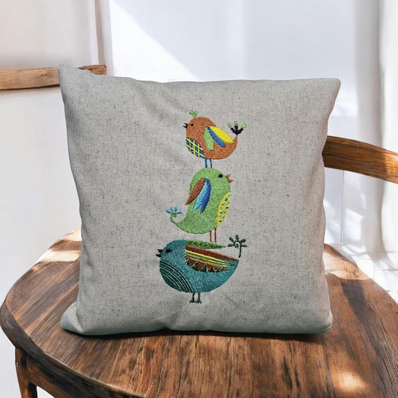 3 Birds Embroidered cushion, Linen fabric, zipped 30 x 30cms Country Home, gift, home decor