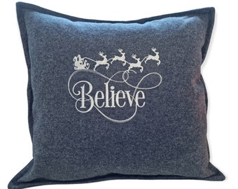 Dark grey wool Christmas cushion c/w inner, zipped, hand made, embroidered with silks, 45 x 45 cms, Believe, reindeers, santa, sleigh,